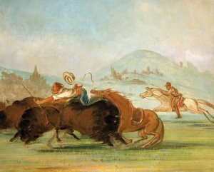 Batiste And I Running Buffalo, Mouth of The Yellowstone by George Catlin Oil Painting