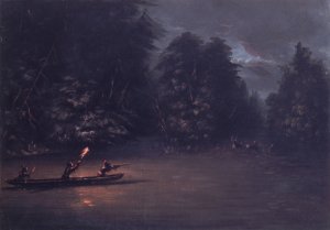 Deer Hunting By Torchlight In Bark Canoes by George Catlin Oil Painting