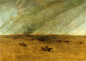 Fire in a Missouri Meadow and a Party of Sioux Indians Escaping from It, Upper Missouri by George Catlin - Oil Painting Reproduction