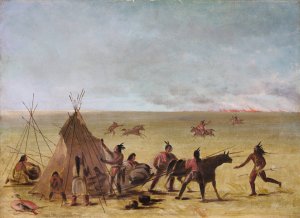 Indian Family Alarmed At The Approach of a Prairie Fire by George Catlin Oil Painting