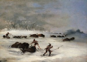 Sioux Indians On Snowshoes Lancing Buffalo by George Catlin Oil Painting