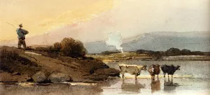 An Indian Herdsman On A Bank, Cattle Watering In A River Below by George Chinnery - Oil Painting Reproduction