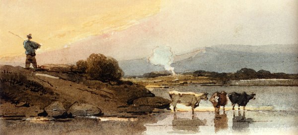 Main Product Photo of An Indian Herdsman On A Bank, Cattle Watering In A River Below Painting by George Chinnery