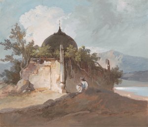 Figure Seated by an Indian Temple by George Chinnery Oil Painting