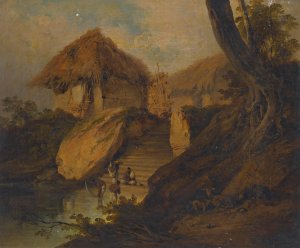 Figures Washing In A River With Thatched Huts Behind, Bengal, India by George Chinnery Oil Painting