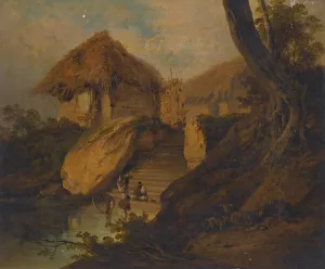 Figures Washing In A River With Thatched Huts Behind, Bengal, India by George Chinnery Oil Painting