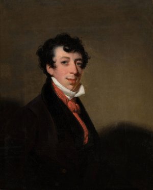 Portrait of a gentleman wearing a brown coat and red cravat by George Chinnery Oil Painting