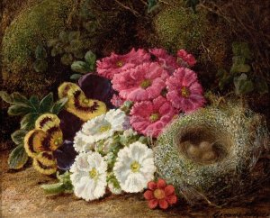 Primulas and a Bird's Nest on a Mossy Bank by George Clare Oil Painting