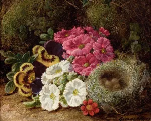 Primulas and a Bird's Nest on a Mossy Bank by George Clare Oil Painting