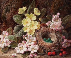 Still Life with Apple Blossom, Primroses, and Bird's Nest by George Clare Oil Painting