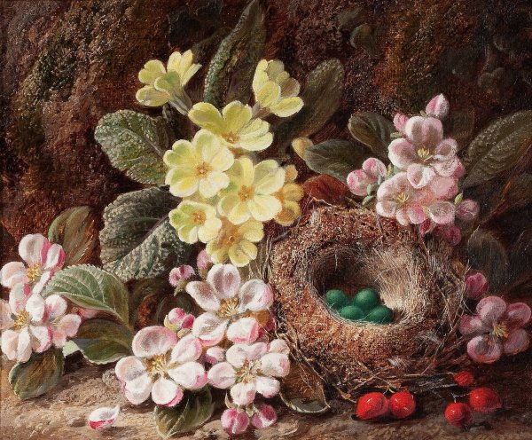Still Life with Apple Blossom, Primroses, and Bird's Nest by George Clare - Hand-Painted Oil Painting Reproduction