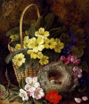 Still Life with Primroses, Violas, Cherry Blossom and Geraniums and a Thrushs Nest by George Clare Oil Painting