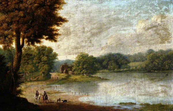 Main Product Photo of Lakeside Scene with Horsemen Painting by George Cuitt