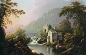 River Landscape with Bridge and Distant Mountains II by George Cuitt - Oil Painting Reproduction