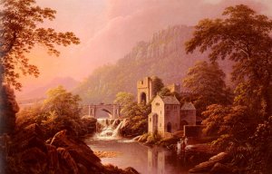 River Landscape with Bridge and Distant Mountains by George Cuitt Oil Painting