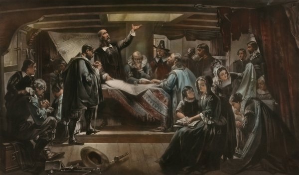 Edwin White, Signing of the Compact in the Cabin of the Mayflower by George Edward Perine - Hand-Painted Oil Painting Reproduction