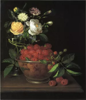 Still Life with Bowl of Raspberries by George Forster - Oil Painting Reproduction
