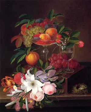 Still Life with Fruit, Flowers and Bird's Nest by George Forster - Oil Painting Reproduction
