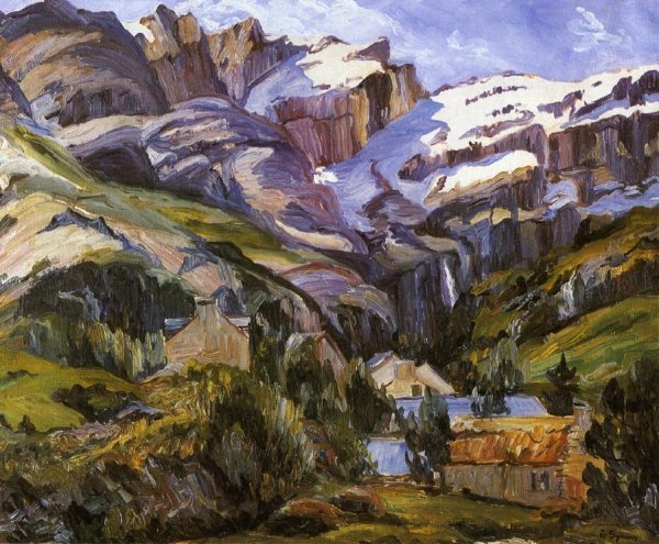 Houses at the Base of Snow Capped Mountains by George Gardner Symons - Hand-Painted Oil Painting Reproduction