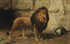 A Lion Guarding his Den by George Goodwin Kilburne, Jr. Oil Painting