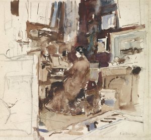 Dame in atelier achter harmonium Oil painting by George Hendrik Breitner
