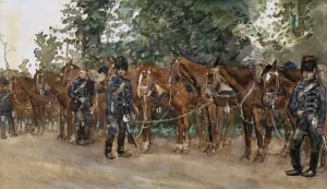 Huzaren staande naast hun paarden langs de kant van de weg by George Hendrik Breitner Oil Painting