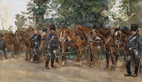 Huzaren staande naast hun paarden langs de kant van de weg  by George Hendrik Breitner - Hand-Painted Oil Painting Reproduction
