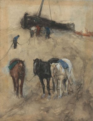 Paarden op het strand, op de achtergrond een schuit en vissers by George Hendrik Breitner Oil Painting