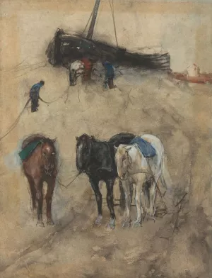 Paarden op het strand, op de achtergrond een schuit en vissers by George Hendrik Breitner Oil Painting