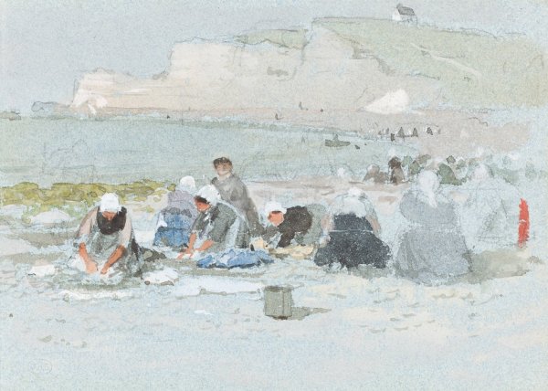 Washerwomen on the Beach at Etretat by George Henry Boughton - Hand-Painted Oil Painting Reproduction