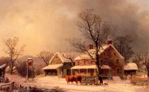 Oxen Hauling Logs on a Sled by George Henry Durrie - Oil Painting Reproduction