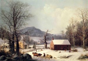 Red School House, Winter by George Henry Durrie Oil Painting