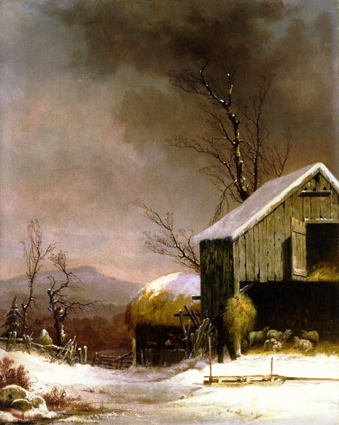 Winter Farm Scene, Connecticut by George Henry Durrie - Hand-Painted Oil Painting Reproduction