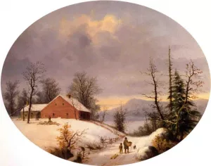 Winter Farmyard and Travelers by George Henry Durrie Oil Painting