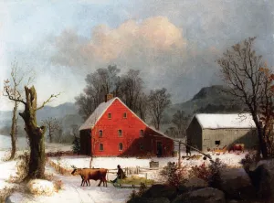 Winter Farmyard with Ox-Drawn Sledge by George Henry Durrie Oil Painting