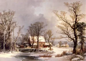 Winter in the Country, The Old Grist Mill by George Henry Durrie Oil Painting