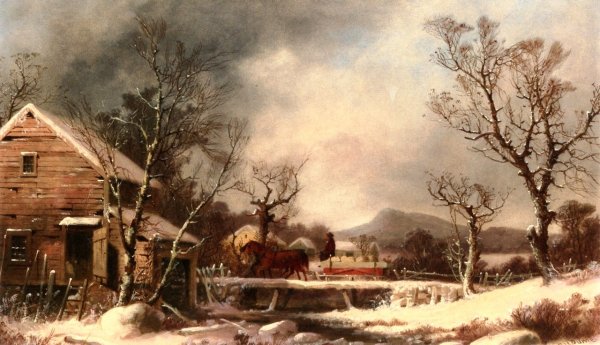 Winter, The Old Mill by George Henry Durrie - Hand-Painted Oil Painting Reproduction