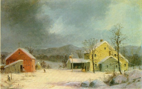 Yellow Farmhouse in Winter by George Henry Durrie - Hand-Painted Oil Painting Reproduction