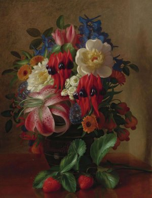 Still Life With Flowers And Strawberries by George Henry Hall Oil Painting