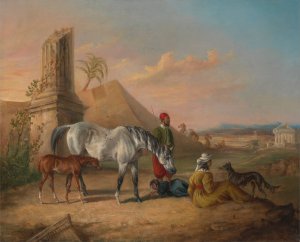 Grey Arabian mare and foal, with a family by George Henry Laporte Oil Painting