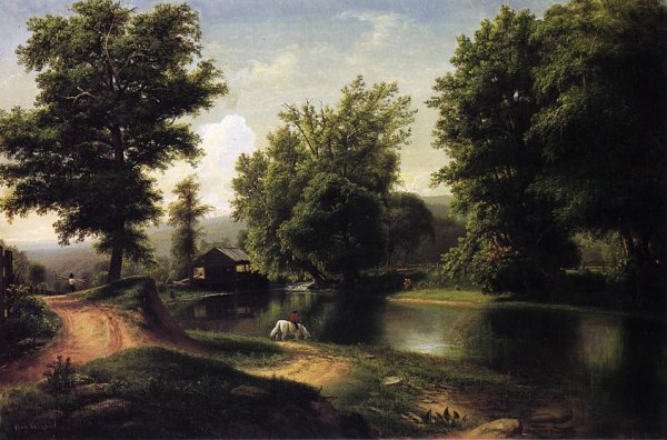 Main Product Photo of Boy on a White Horse at Edge of Pond Painting by George Hetzel