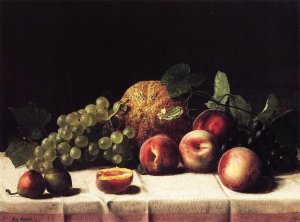Still Life with Cantaloupe, Peaches and Grapes by George Hetzel Oil Painting
