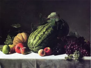 Still Life with Watermelon, Cantaloupe and Grapes by George Hetzel Oil Painting