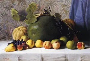 Watermelon, Cantaloupes, Grapes and Apples by George Hetzel - Oil Painting Reproduction
