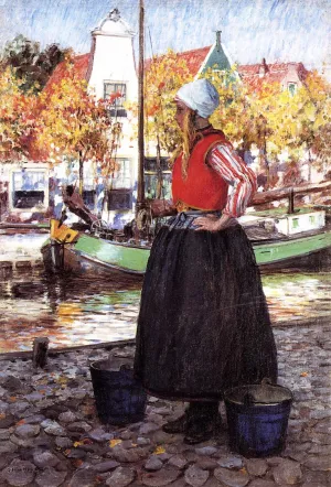 Woman Along Canal also known as A Young Dutch Girl by George Hitchcock Oil Painting