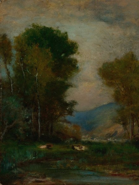 Cows By A Stream by George Inness - Hand-Painted Oil Painting Reproduction