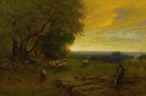 Shepherd And Flock At Sunset by George Inness Oil Painting