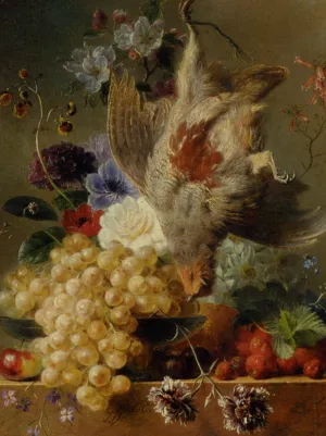 Grapes Strawberries Chestnuts an Apple and Spring Flowers painting by George Jacobus Johannes Van Os