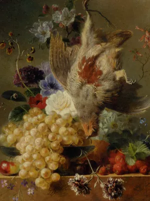 Grapes Strawberries Chestnuts an Apple and Spring Flowers Oil painting by George Jacobus Johannes Van Os
