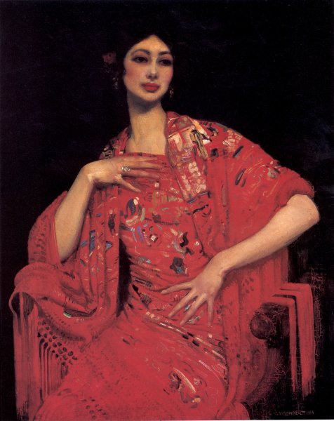 The Red Shawl by George Lambert - Hand-Painted Oil Painting Reproduction